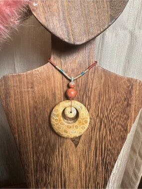Coral Fossil Donut Pendant Necklace with Polychrome Jasper on Adjustable Rope